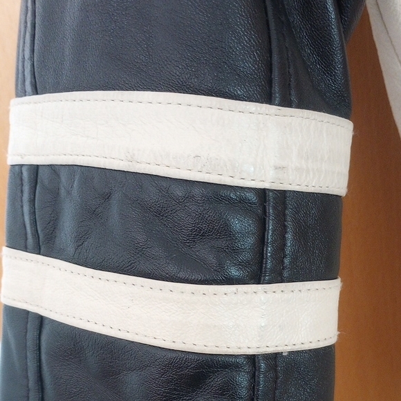 Wilsons Leather Black and Cream 100%  Leather Jacket Zip-Up Stand-Up Collar moto - Picture 8 of 15